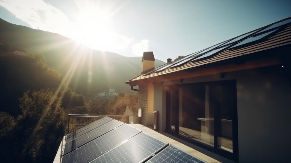 Ekologiczny dom jednorodzinny z panelami fotowoltaicznymi na dachu w blasku słońca.