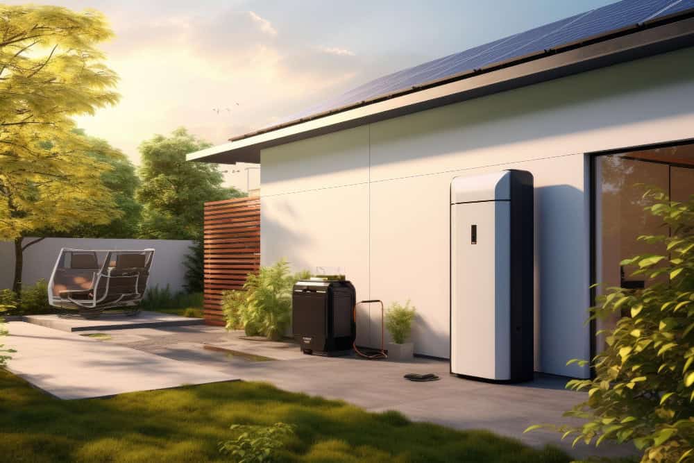 Grafika przedstawia ustawiony przy domu przydomowy magazyn energii dla instalacji fotowoltaicznej.