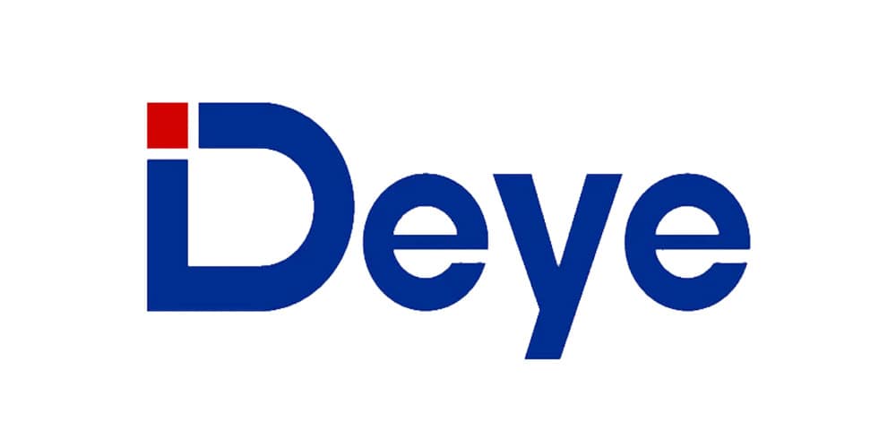 Grafika przedstawia logo firmy Deye. Deye zajęło 3 miejsce w rankingu magazynów energii 2024.