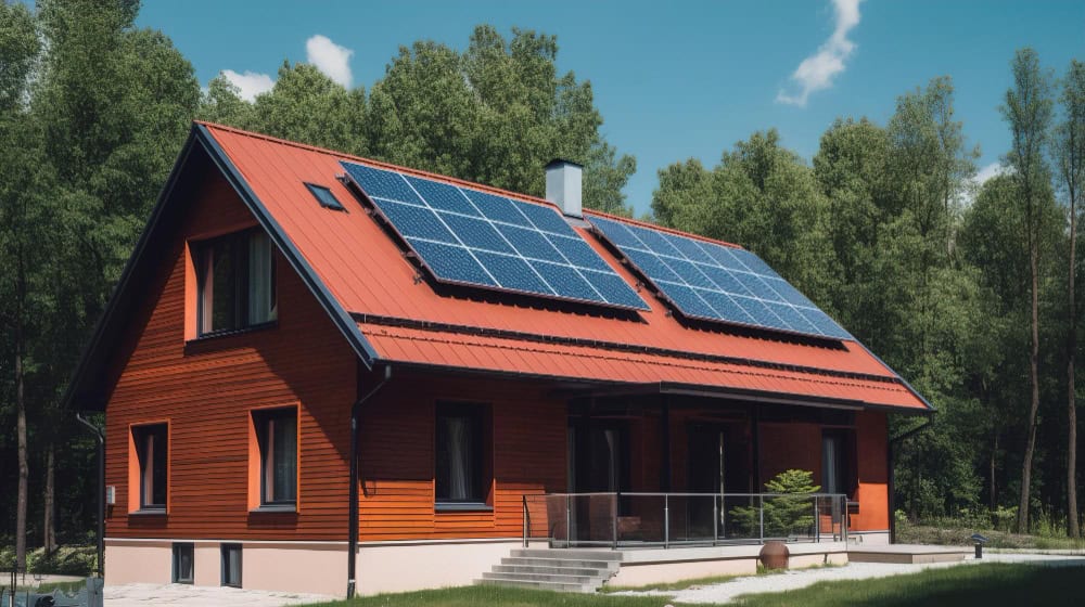 Dom z panelami słonecznymi nawiązujący do stosowania akumulatorów LiFePO4 w systemach fotowoltaicznych