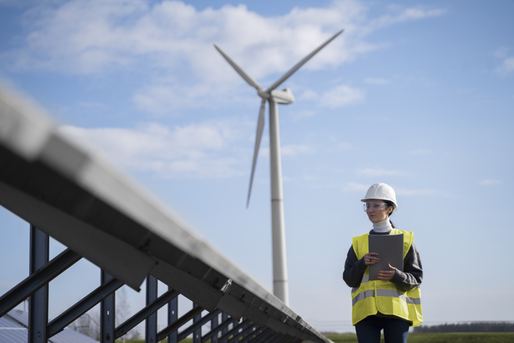 Obrazek przedstawia kobietę inżyniera na tle elektrowni wiatrowej, która zastanawia się czy polski atom zastąpi węgiel?